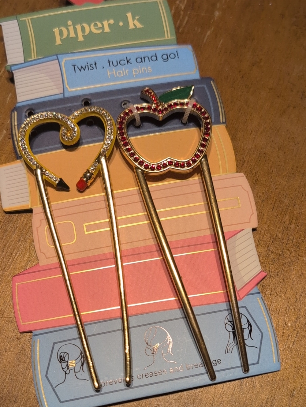 Piper Gold Heart and Apple Crystal Hair Pins - Gold with Red and Green Accents